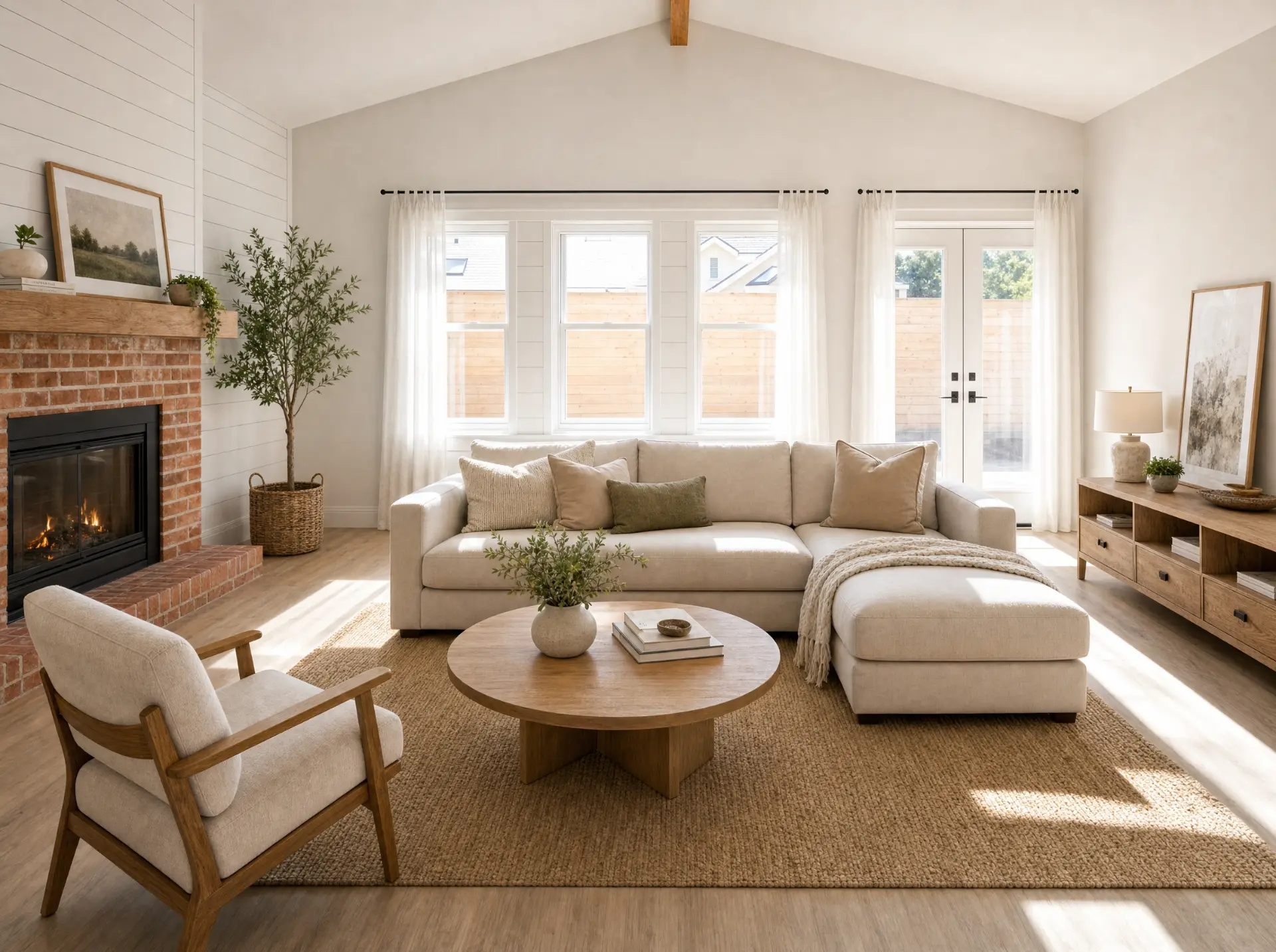 Bright living room with a beige sectional, brick fireplace and French doors
