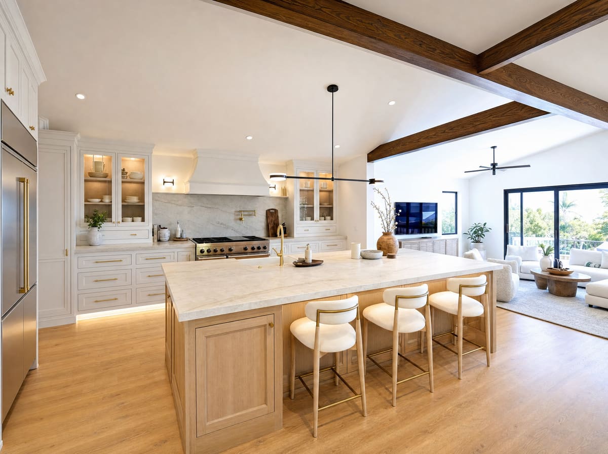 Bright open-concept kitchen and living area with exposed beams